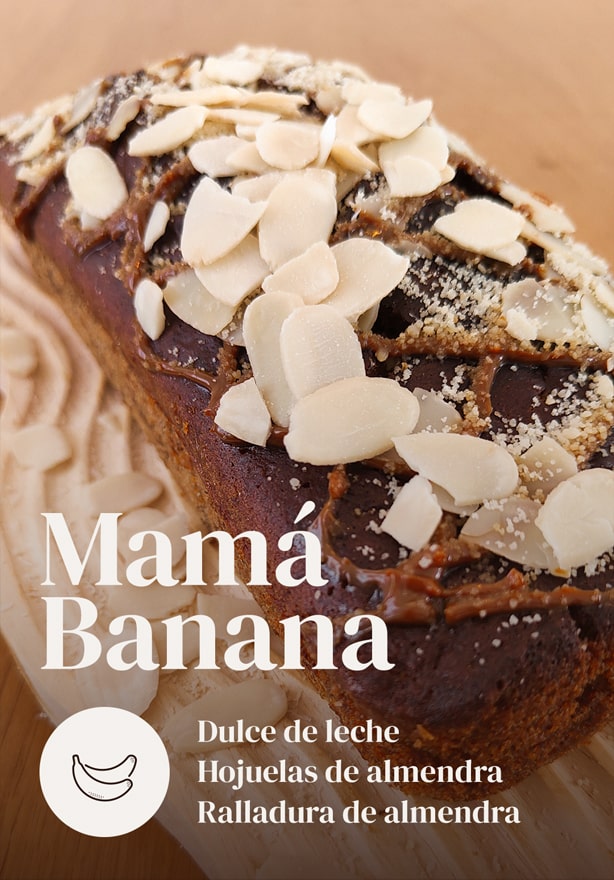 Mamá Banana Bread 8 porciones con hojuelas de almendra, ralladura de almendra y dulce de leche